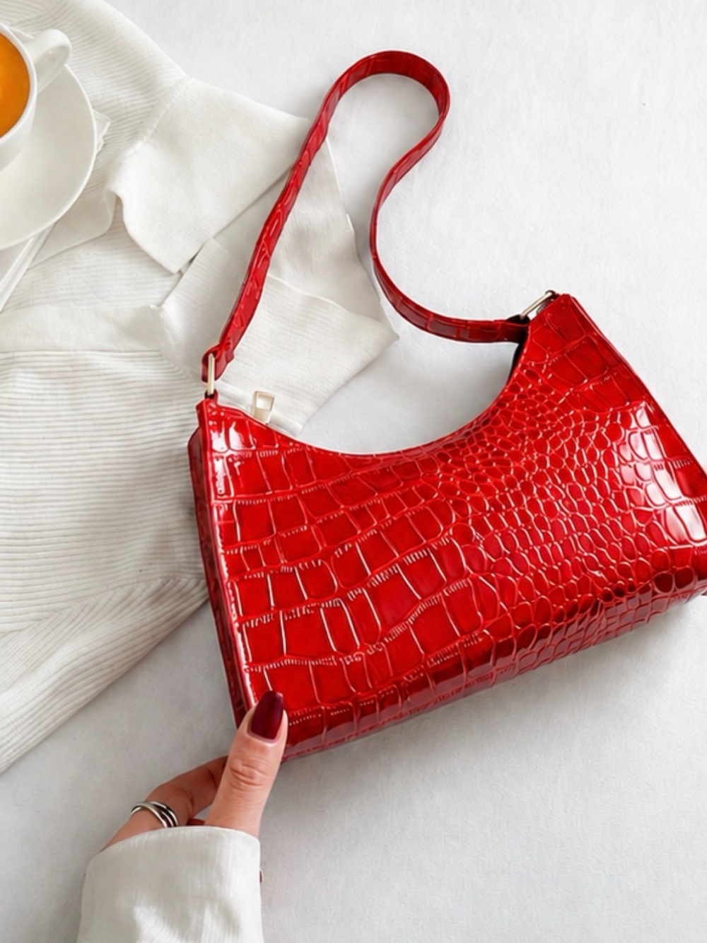 Croc-Embossed Red Shoulder Bag